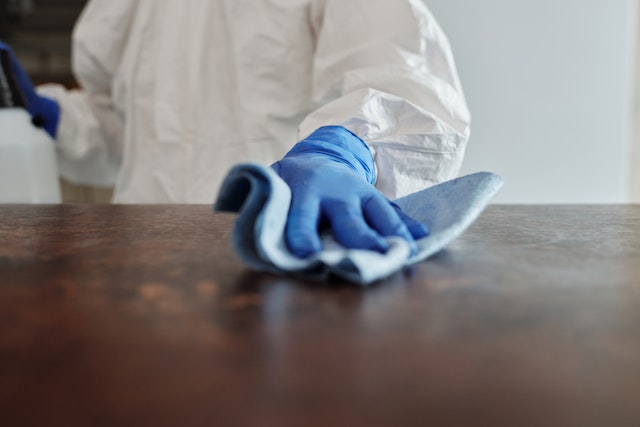 Close up of someone wearing blue gloves wiping a wooden table with a blue cloth